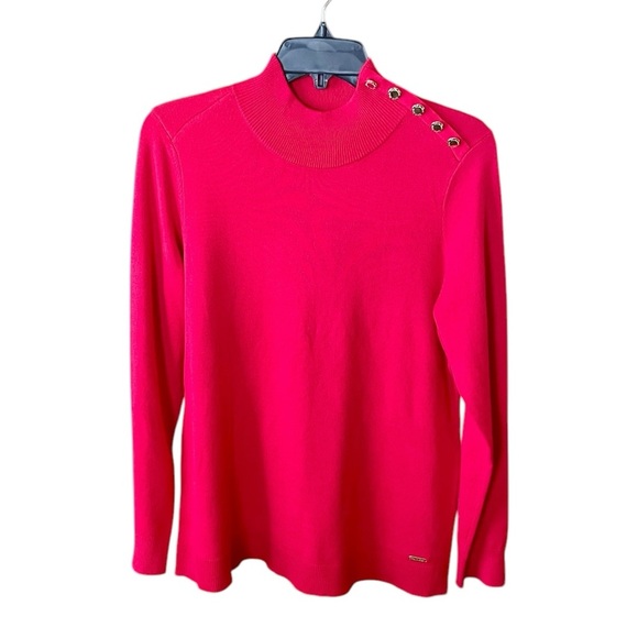 Calvin Klein long sleeve mock neck sweater gold button shoulder detail SZ M red - Picture 1 of 9